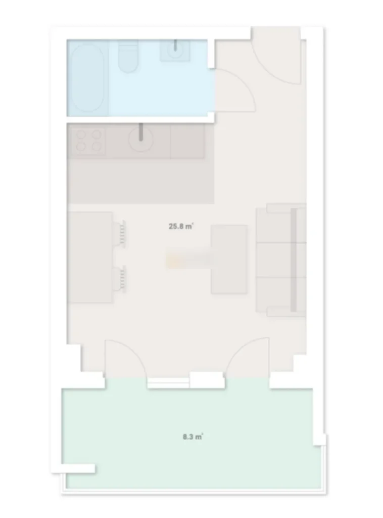 Ein schlichtes Studio mit grünen Akzenten, 34,1 m² in
