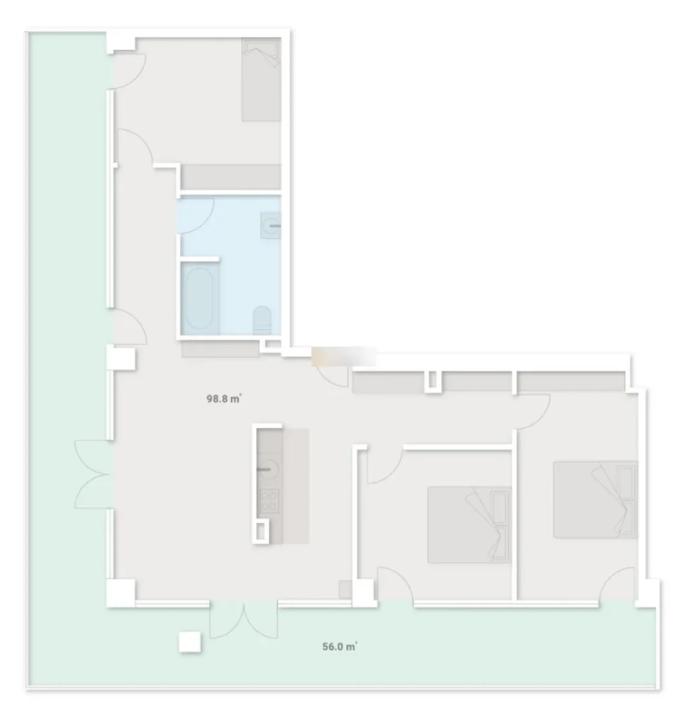 A luxury three-bedroom flat with a corner balcony, 154.8 m², in