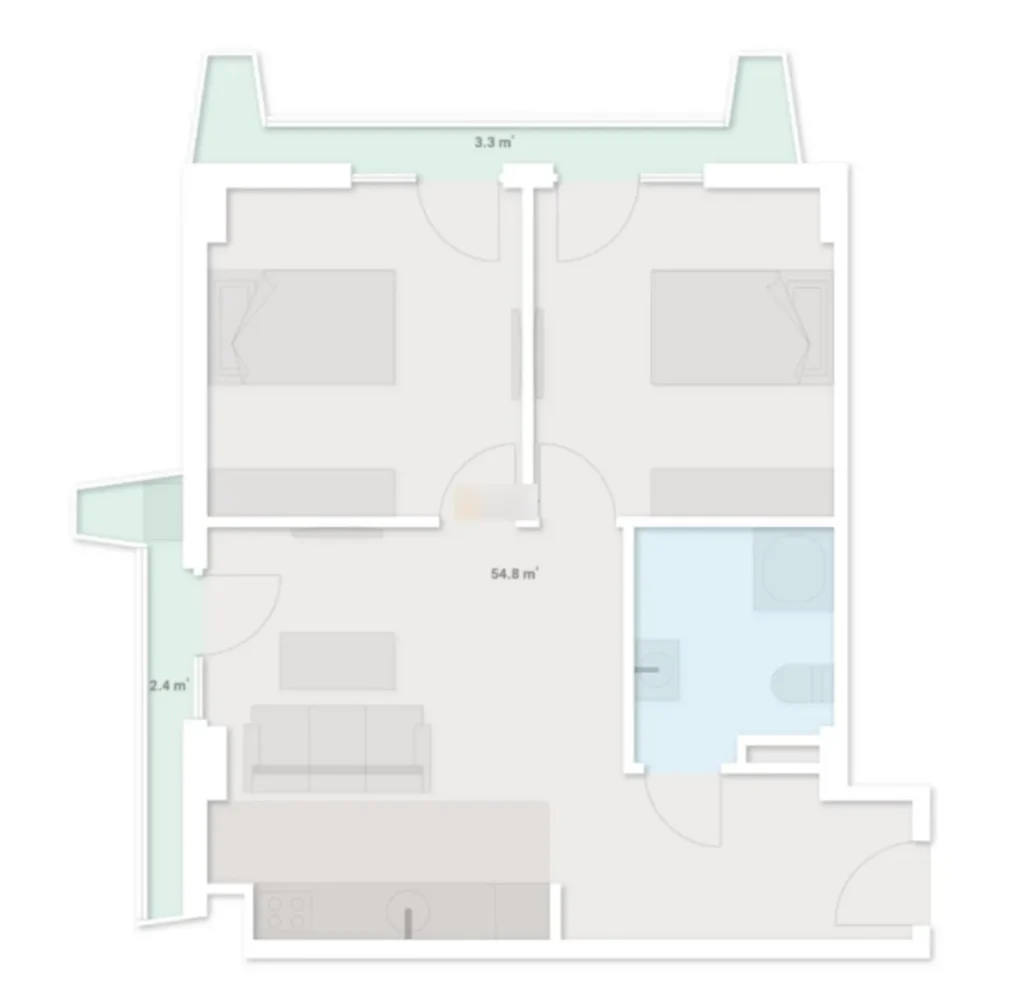 Dvoupokojový byt s balkonem v budově s bílou fasádou o rozloze 60,5 m² v