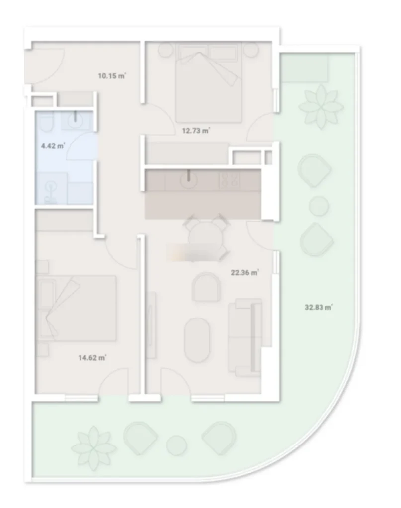 Светлая и просторная 1-комнатная квартира 99.26 м² в