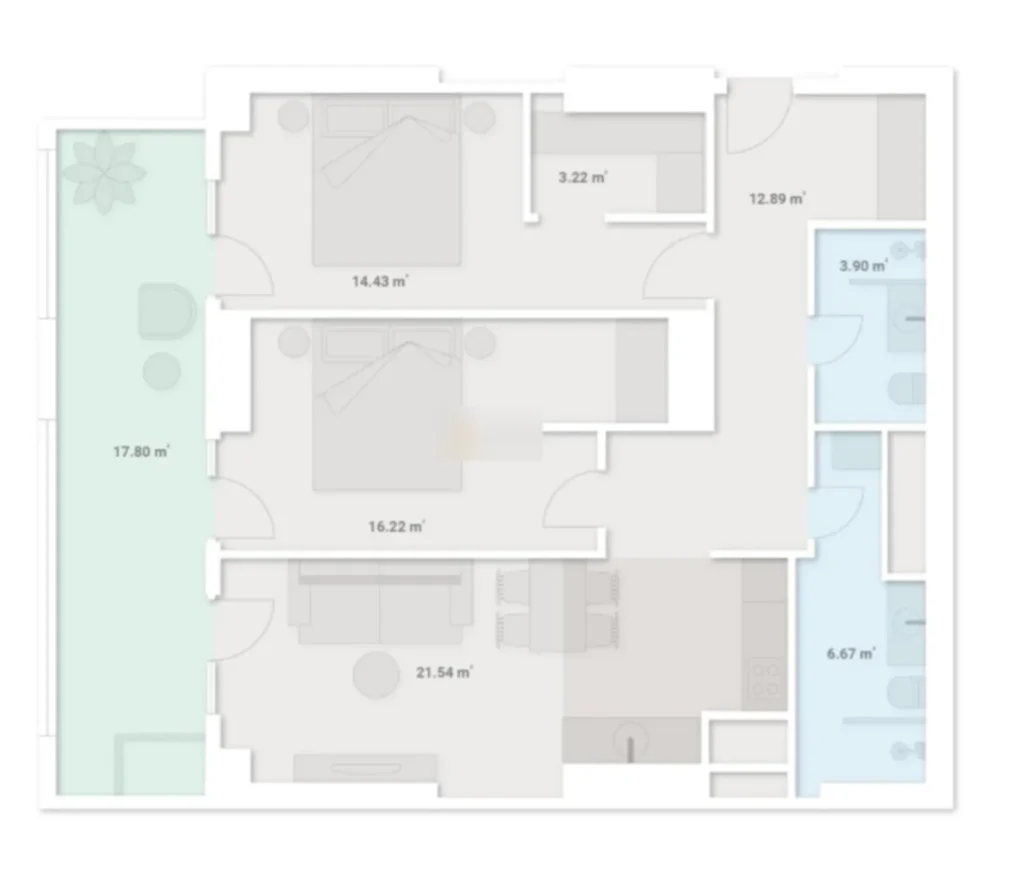 A spacious two-room flat measuring 99.77 m² in