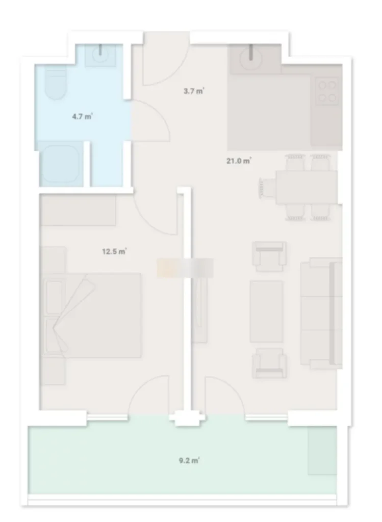 Стильная студия с зелёным каркасом 44.2 м² в