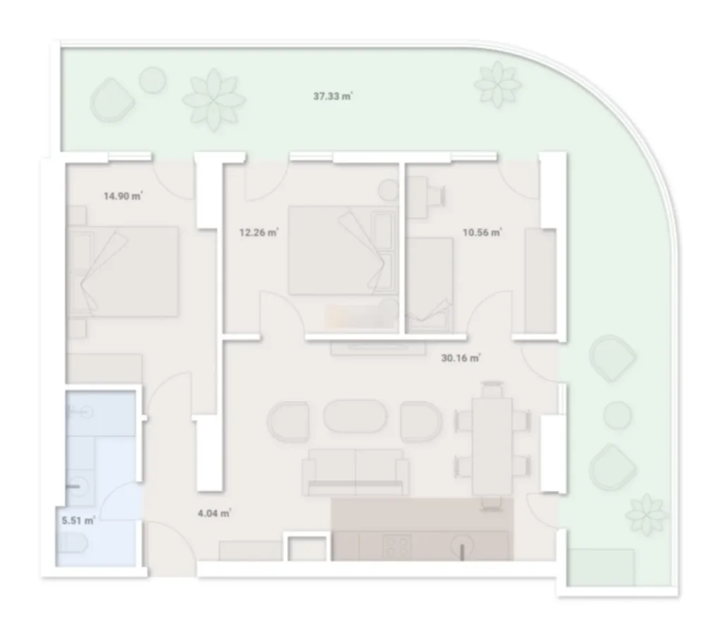Светлая двухкомнатная квартира 117.63 м² в