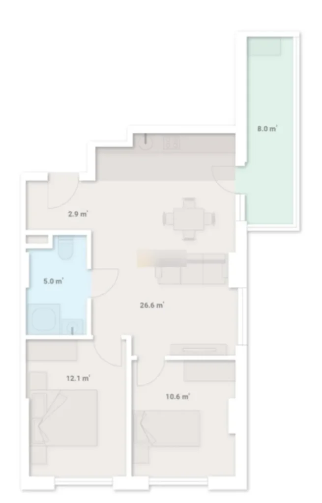 Светлая однушка с зелёным каркасом 52.2 м² в