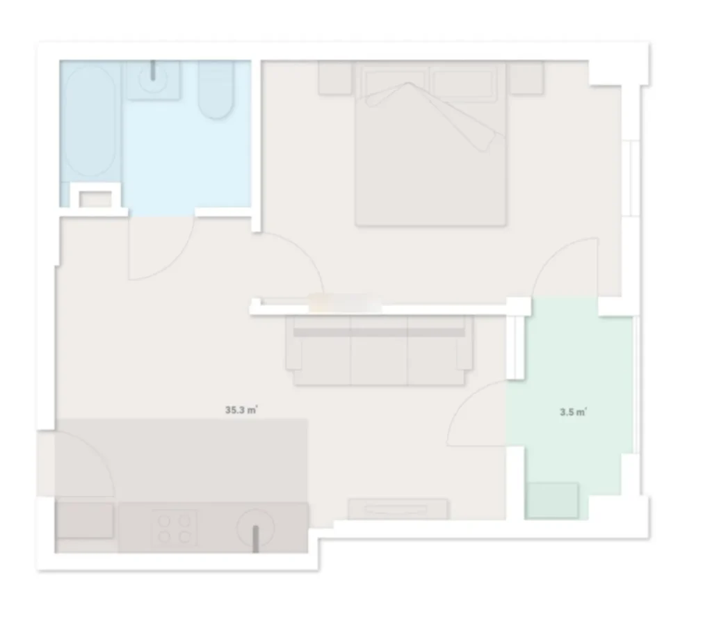 38,8 m²'lik sade ve konforlu tek odalı daire,