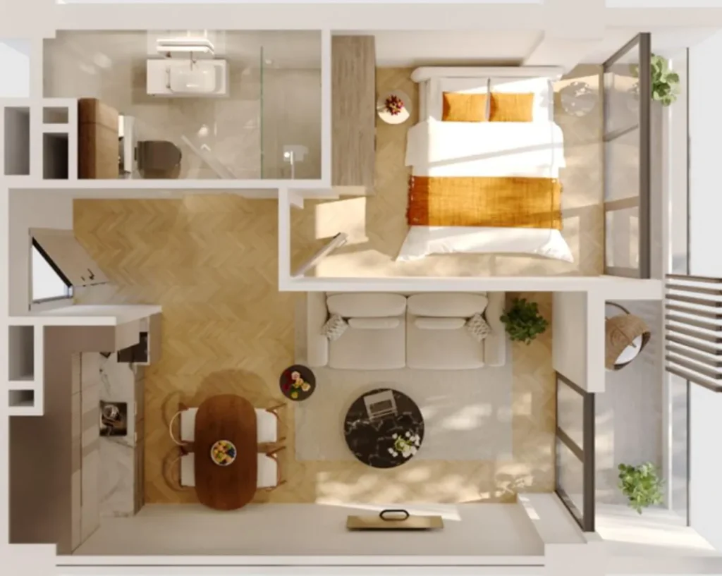 49,3 m²'lik teraslı, konforlu tek odalı daire,