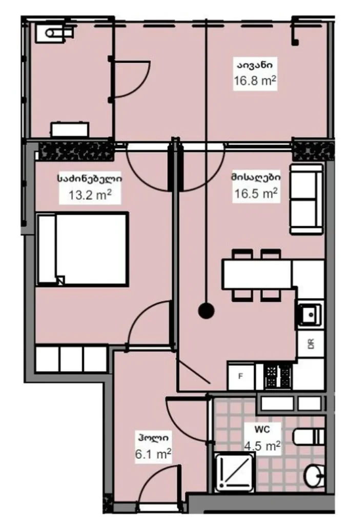 Un studio confortable doté d'une terrasse spacieuse de 58,1 m² à