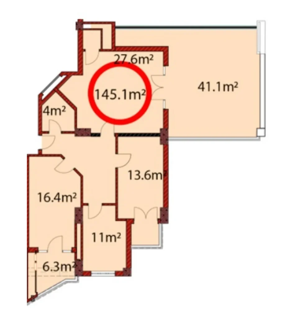 İki banyolu, 145,1 m²'lik geniş üç odalı daire,