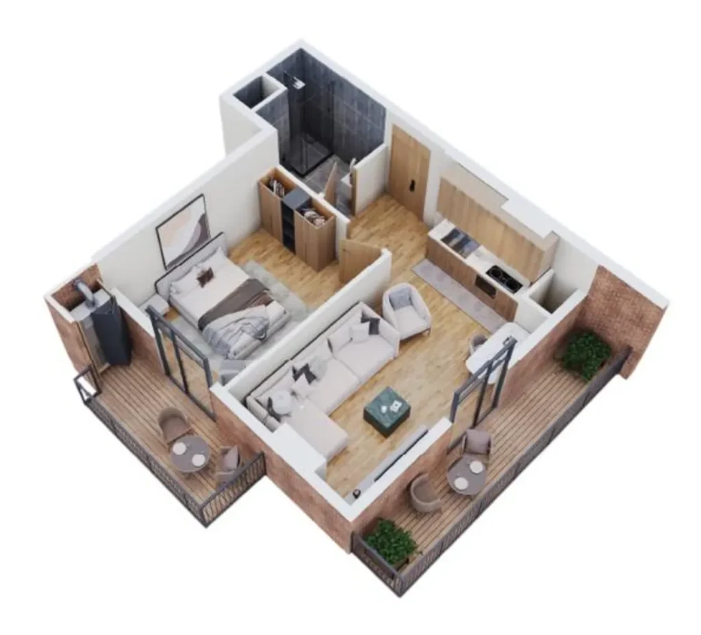51,4 m²'lik, kullanışlı bir yerleşim planına sahip konforlu tek odalı daire,