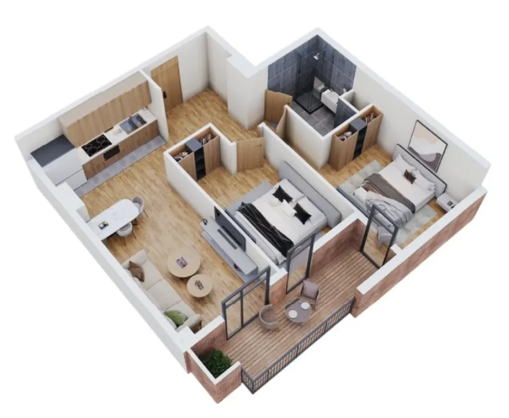 71,1 m²'lik, balkonlu geniş iki odalı daire,