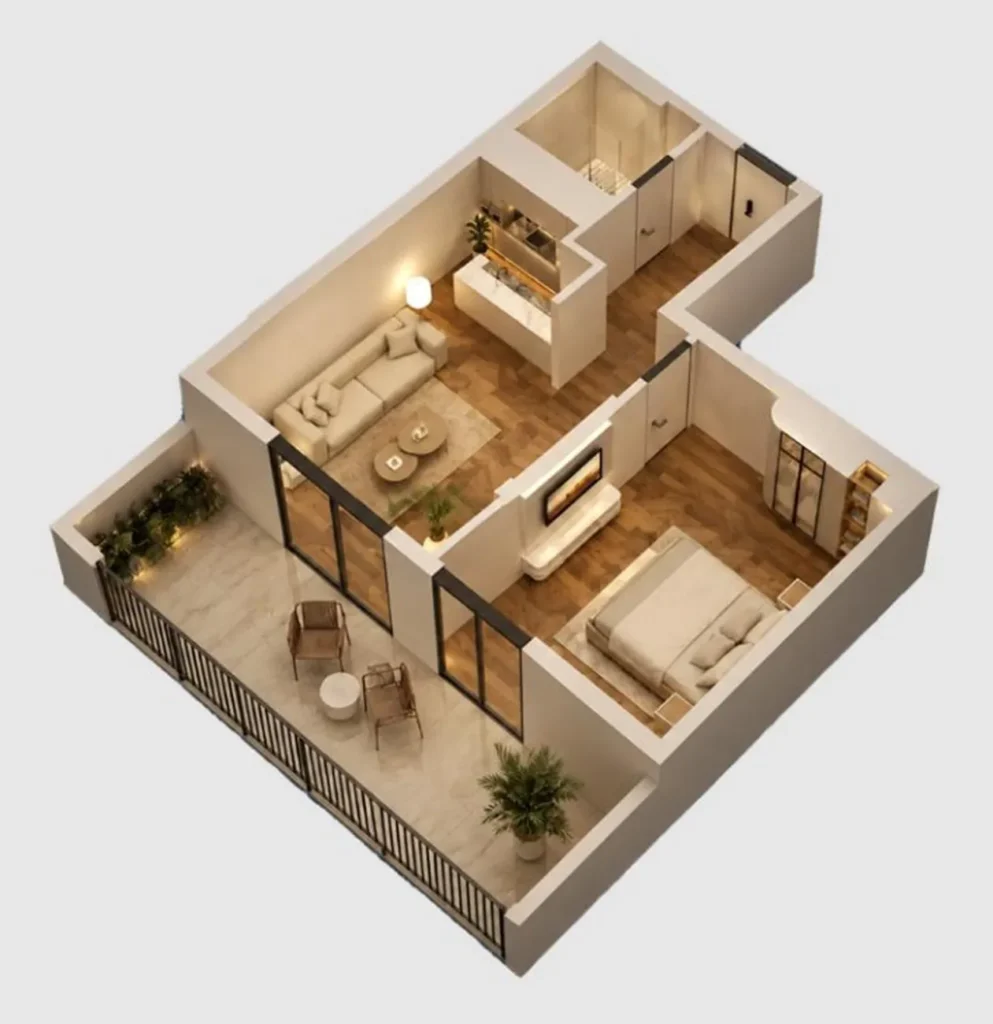 53,2 m²'lik, balkonlu, aydınlık tek odalı daire,
