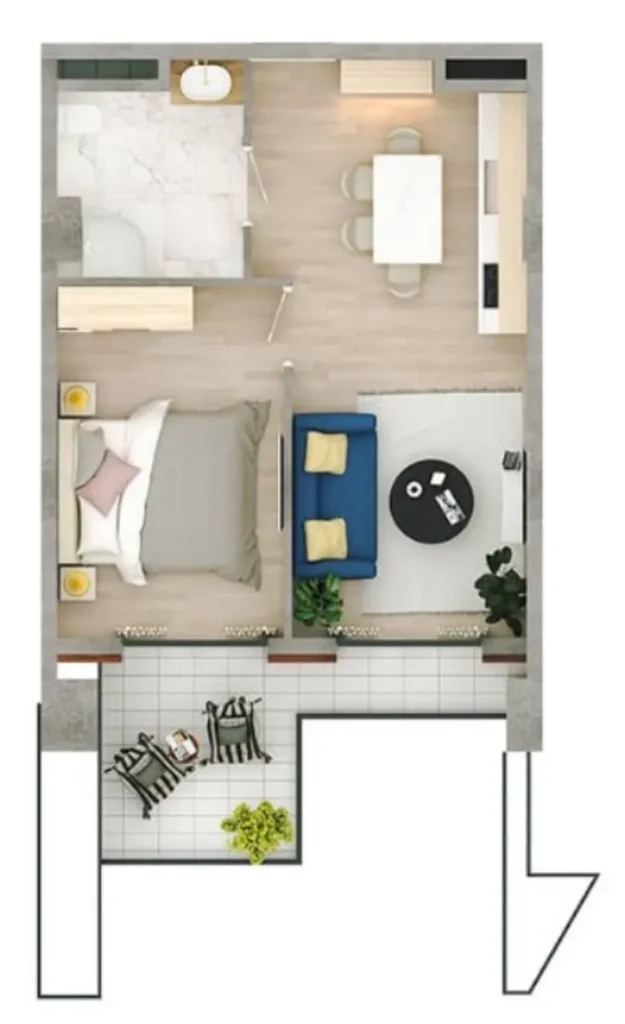 Prestijli bir semtte bulunan 44,6 m²'lik konforlu tek odalı daire