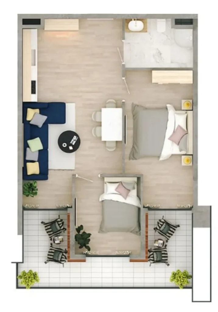Prestijli bir semtte bulunan 44,6 m²'lik konforlu tek odalı daire