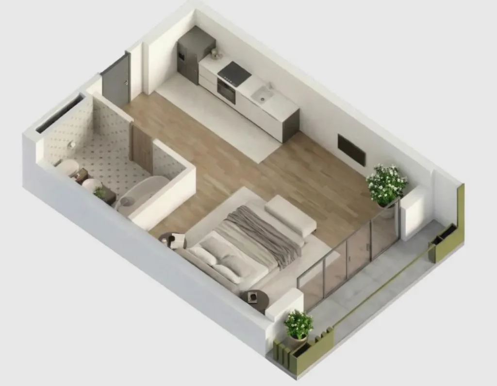 30,8 m²'lik, balkonlu aydınlık stüdyo daire,