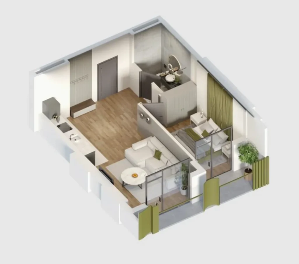 50,8 m²'lik, balkonlu, konforlu tek odalı daire,
