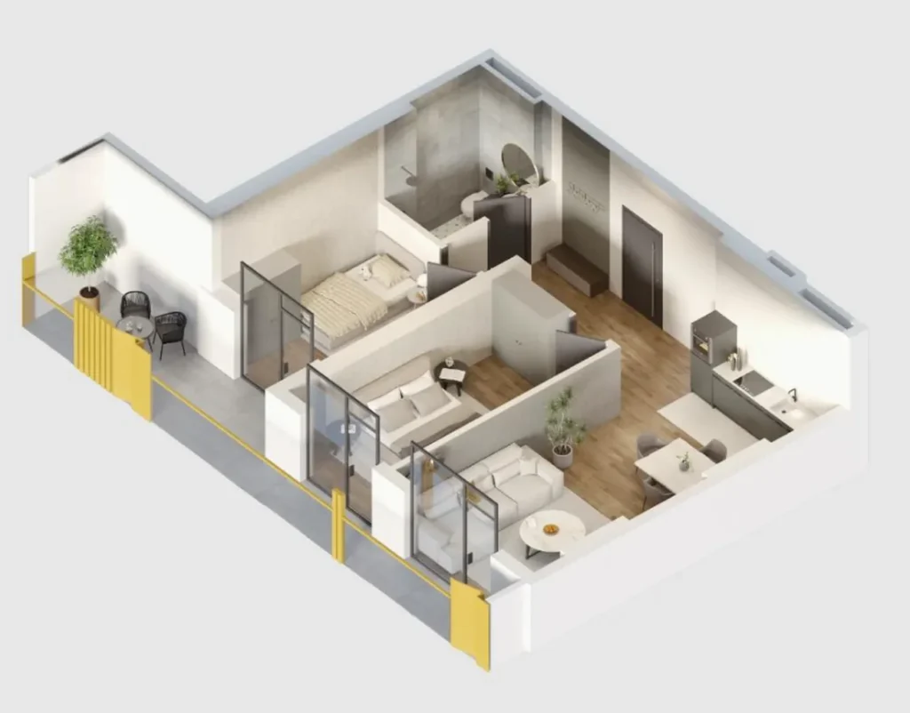 80,5 m²'lik geniş 2 odalı daire,
