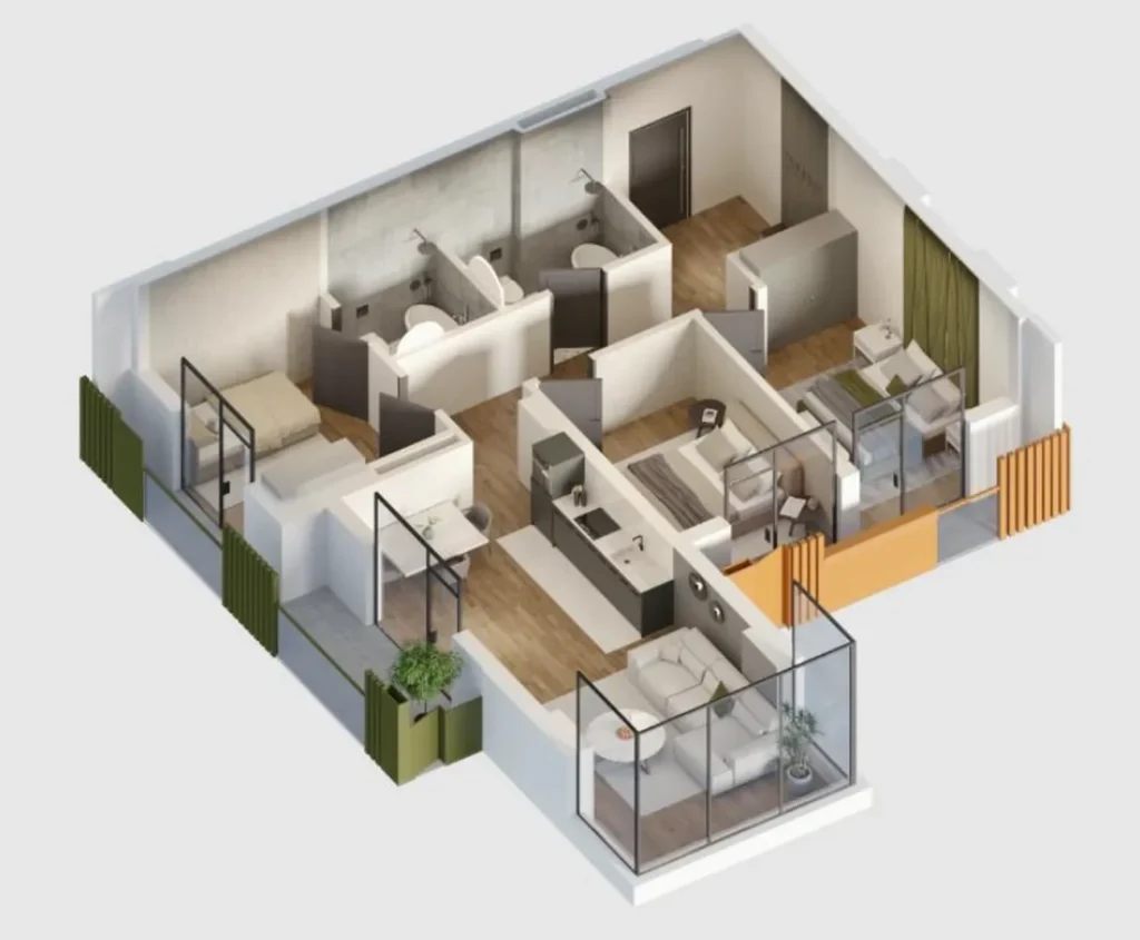 İki banyolu, 109,5 m²'lik geniş üç odalı daire,