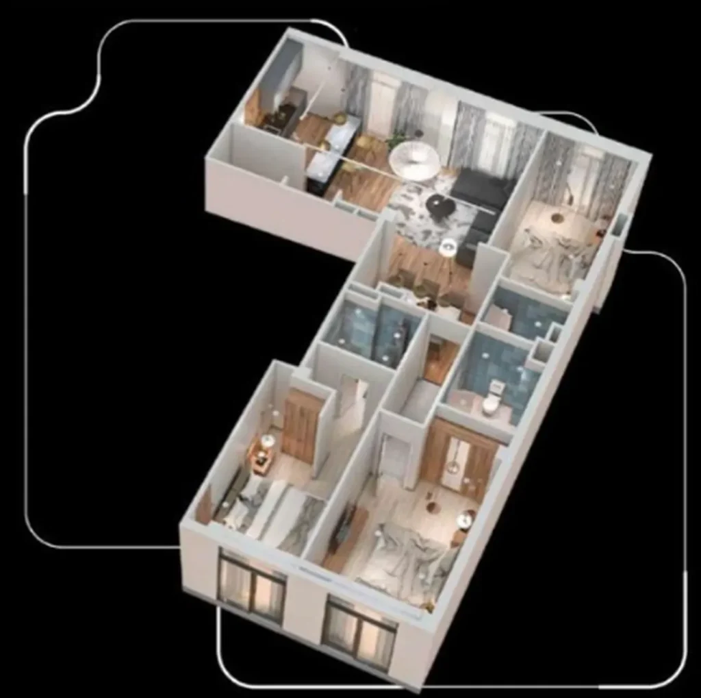 118,85 m²'lik, üç banyolu lüks üç odalı daire,