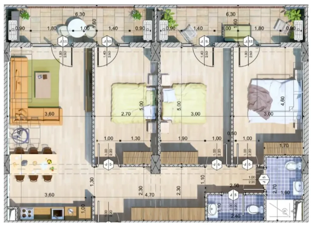 İki banyolu, 112 m²'lik geniş üç odalı daire,