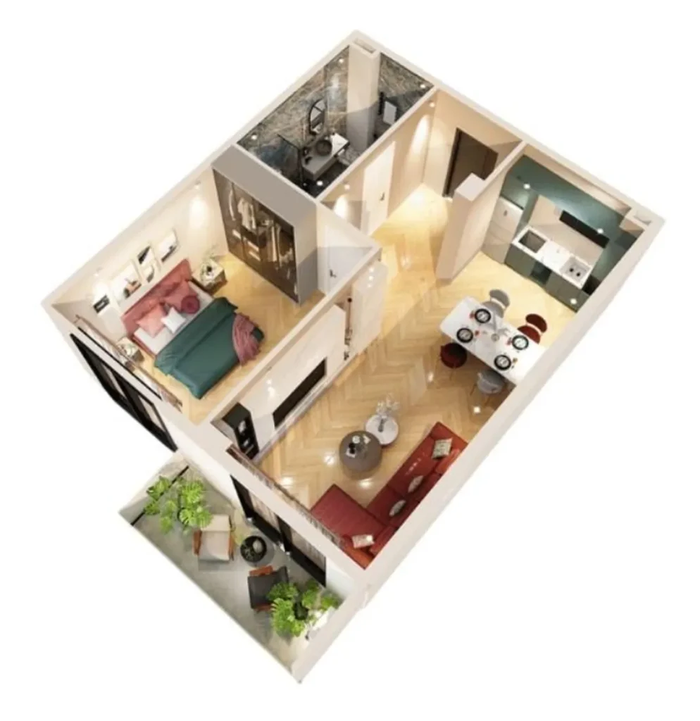 49,3 m²'lik aydınlık tek odalı daire,