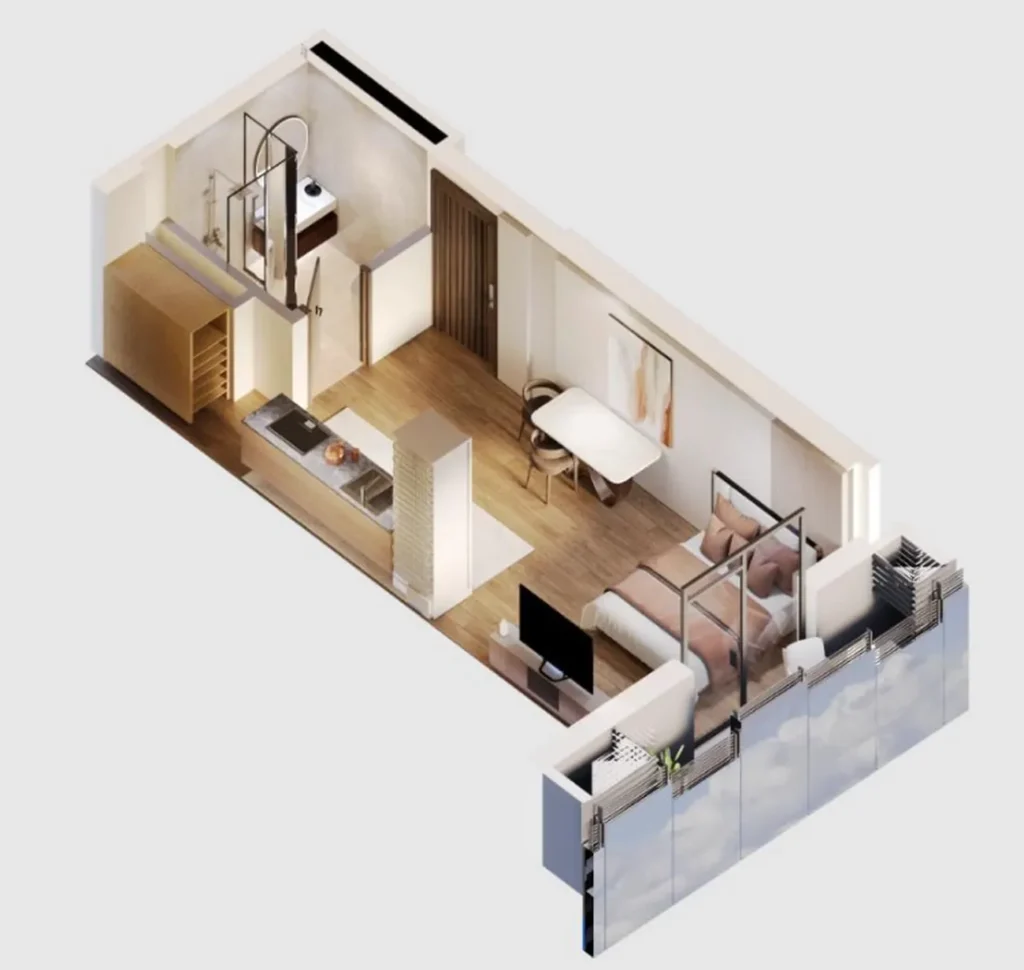 Monolocale minimalista di 26,8 m² a