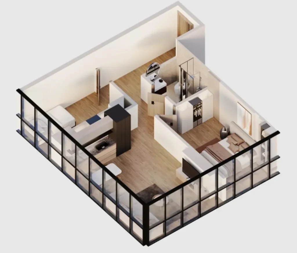 Monolocale ergonomico suddiviso in zone, di 36,1 m², situato a