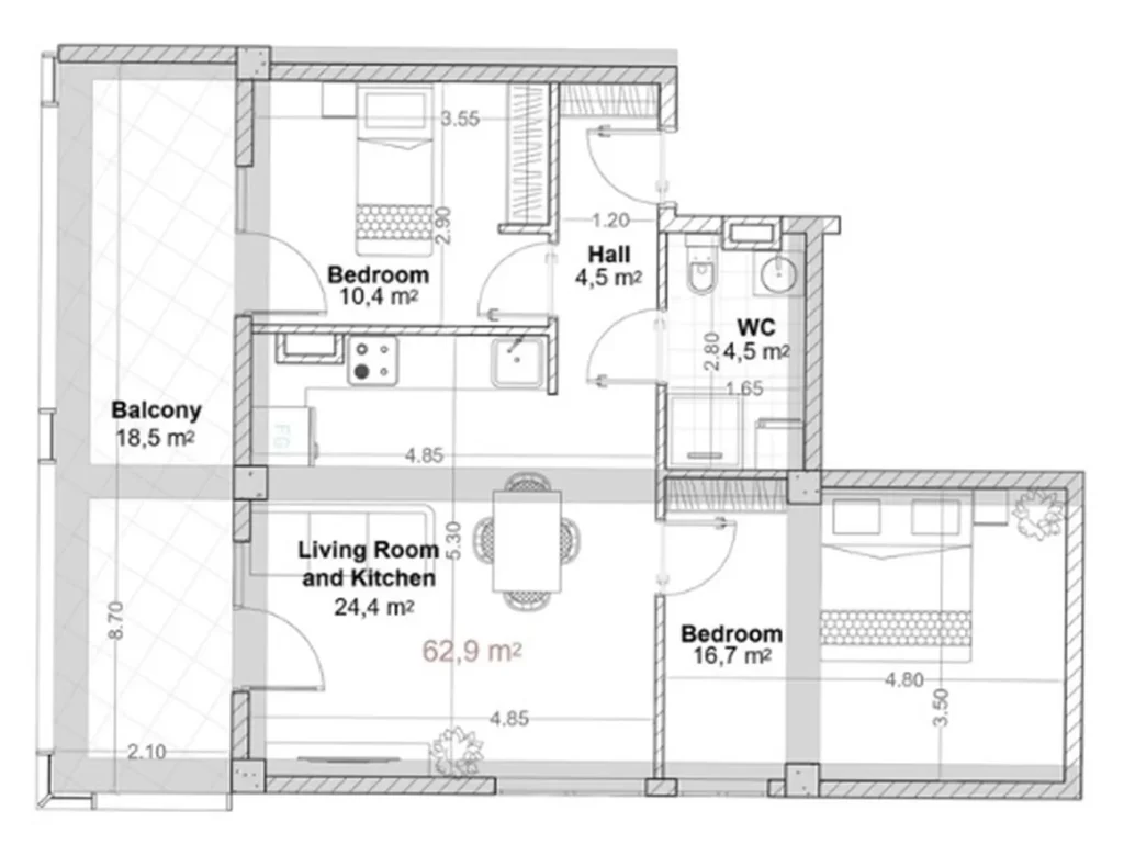 Dvoupokojový byt s prostornou terasou o rozloze 81,4 m² v