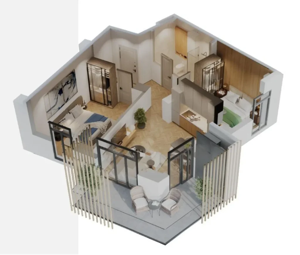 A bright two-room flat with a spacious living room measuring 80.9 m² in