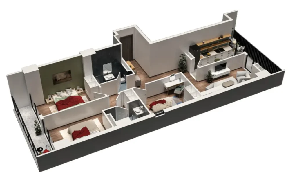 Dvoupodlažní dvoupokojový byt s terasou o rozloze 108,5 m² v