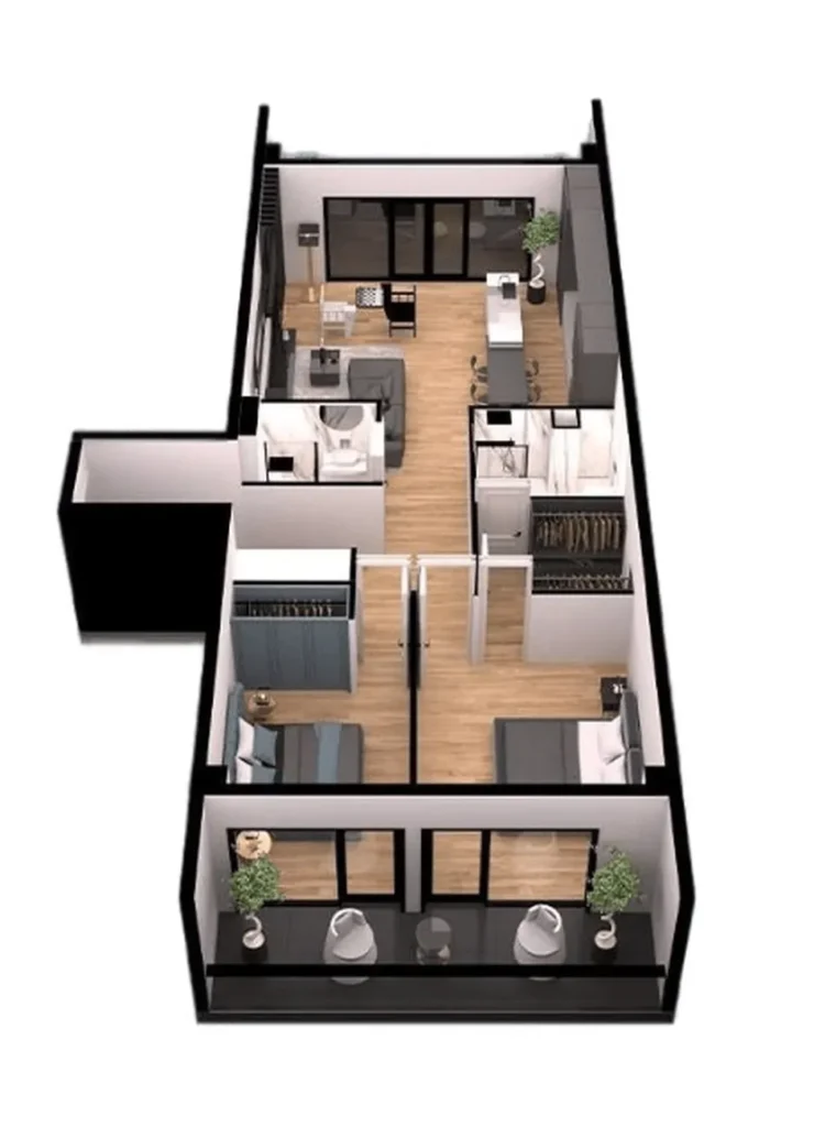 117,5 m²'lik, iki banyolu lüks iki odalı daire,