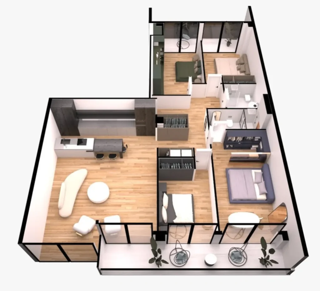 173,6 m²'lik, iki banyolu lüks iki odalı daire,