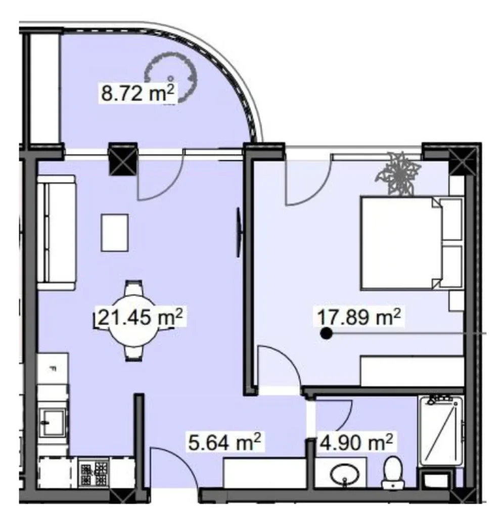 59,33 m²'lik, pitoresk bir semtte yer alan konforlu tek odalı daire