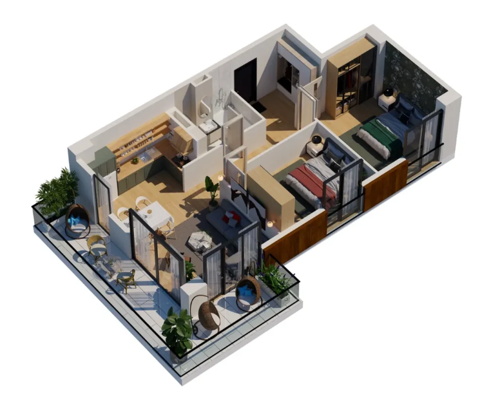 96,22 m²'lik terası olan geniş iki odalı daire,