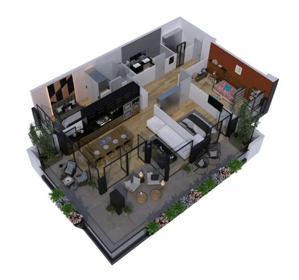 148,7 m²'lik teraslı lüks üç odalı daire,