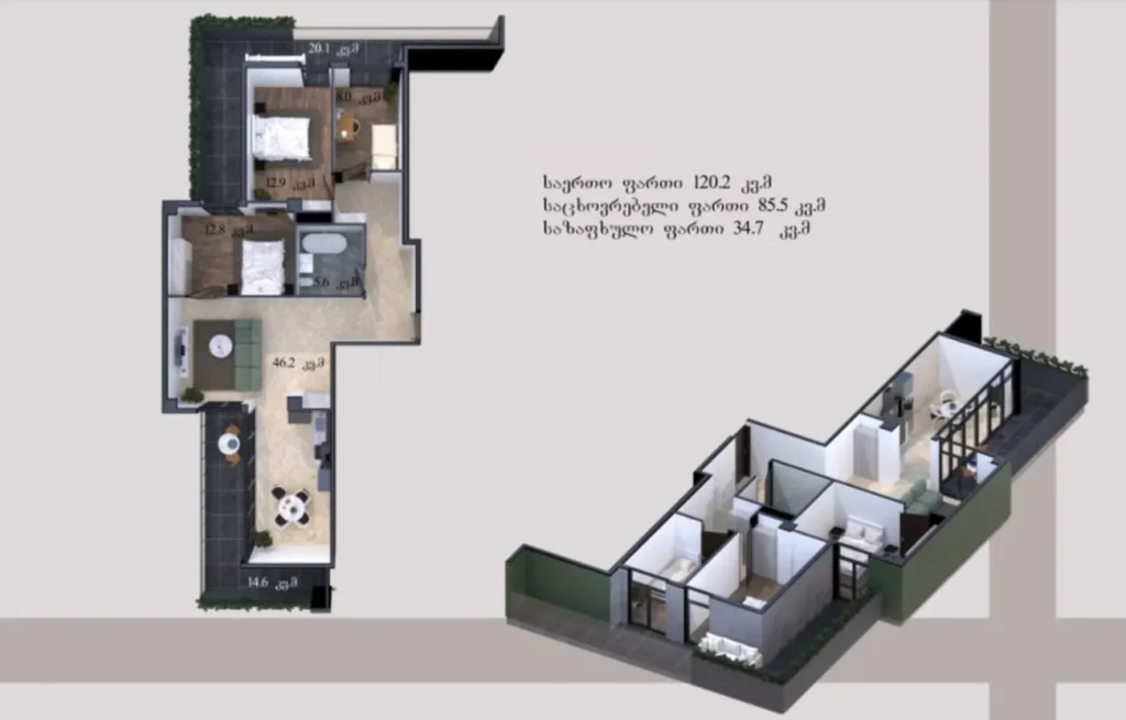 Двушка с огромной террасой 87.5 м² в