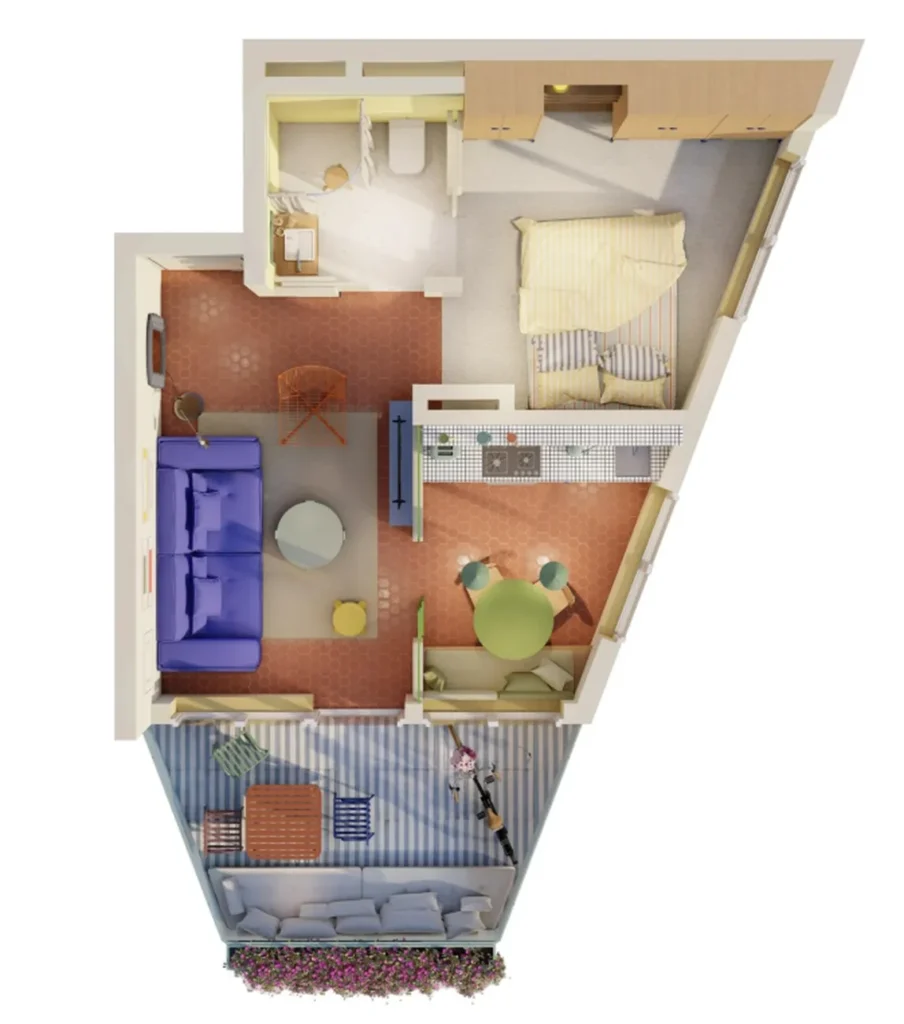 Stylový jednopokojový byt s balkonem o rozloze 35,4 m² v