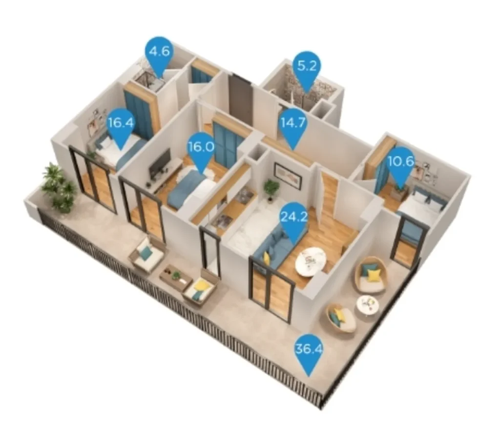 128,1 m²'lik seçkin 3 odalı daire,