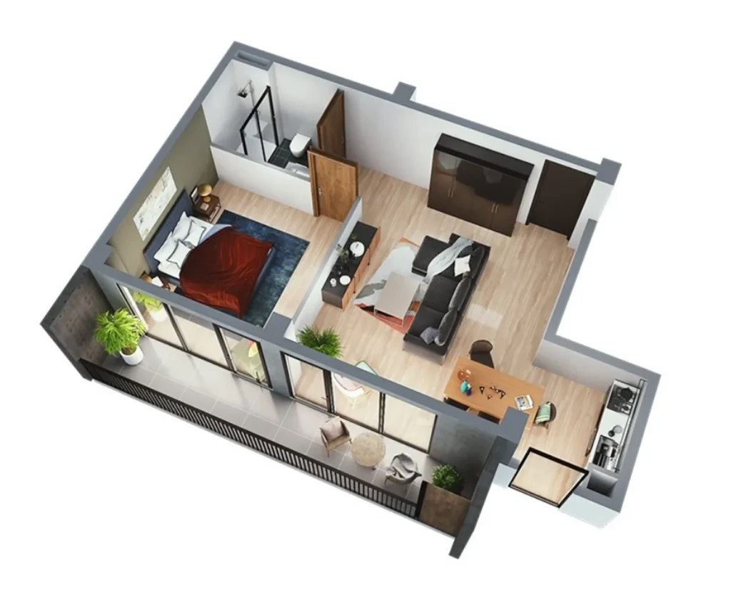 66,1 m²'lik köşe balkonlu lüks üç odalı daire,