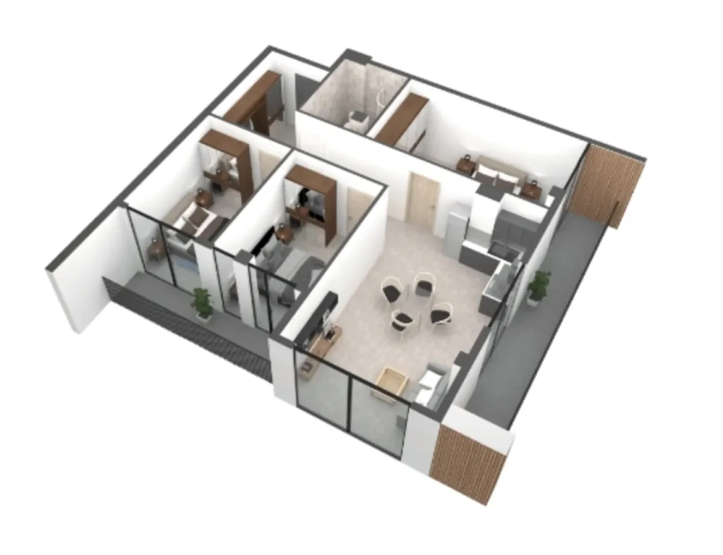 102,8 m²'lik işlevsel 2 odalı daire,