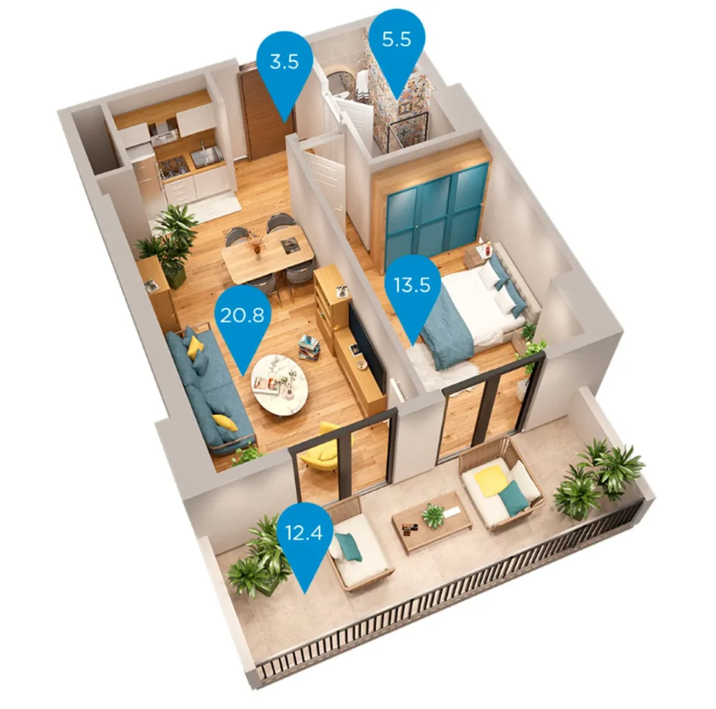 Ergonomický dvoupokojový byt s balkonem o rozloze 55,7 m² v