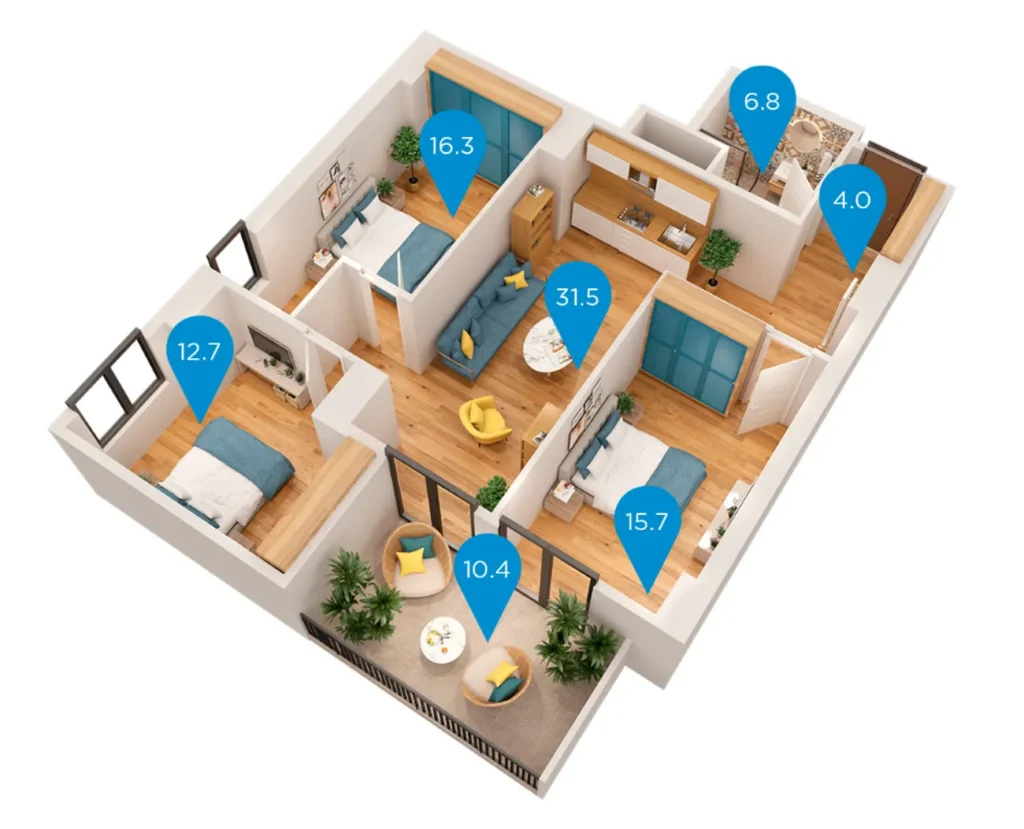 75,6 m²'lik geniş 2 odalı daire,