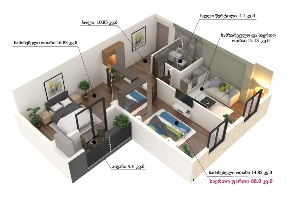 68 m²'lik, ergonomik bir yerleşim planına sahip kompakt iki odalı daire,
