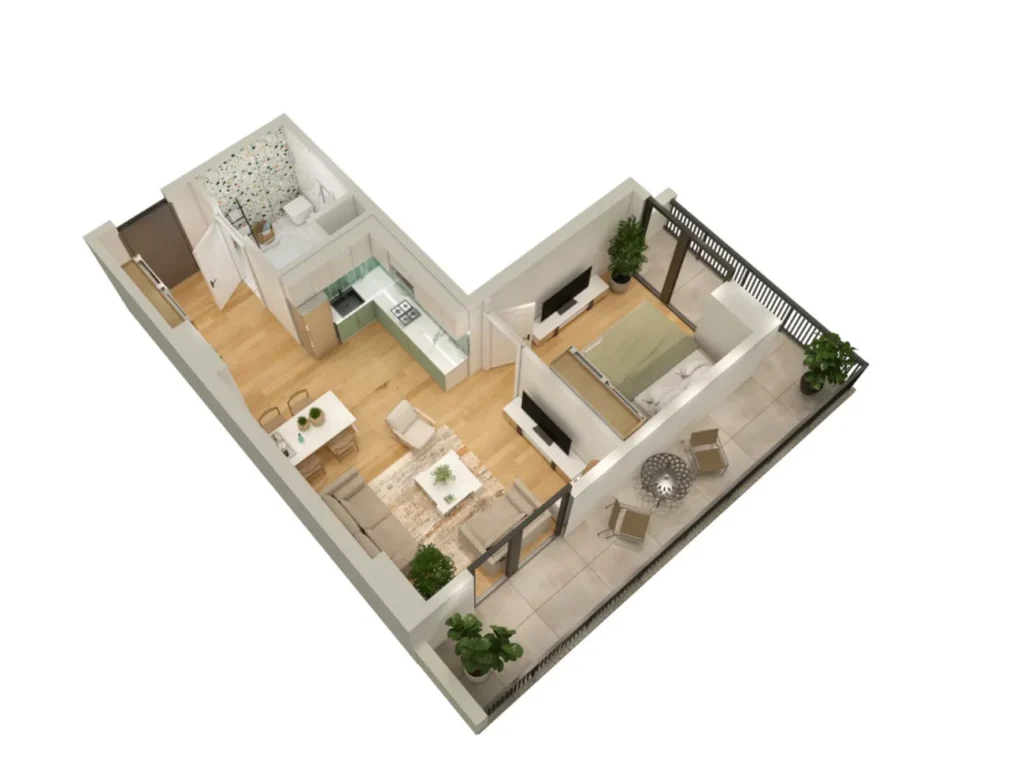 56,3 m²'lik konforlu 1 odalı daire,