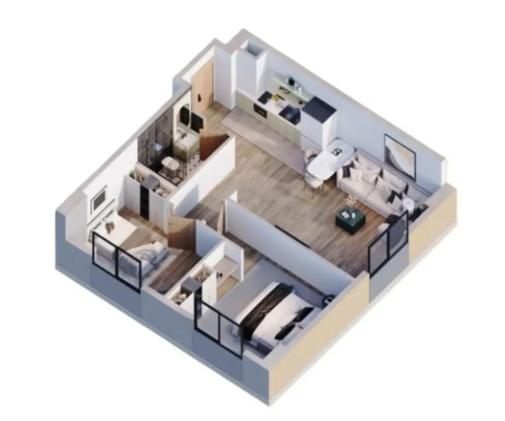 An ergonomically designed two-room flat measuring 62 m² in