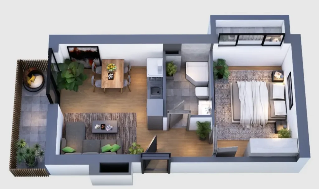 Stylový jednopokojový byt s výhledem na město o rozloze 42,4 m² v