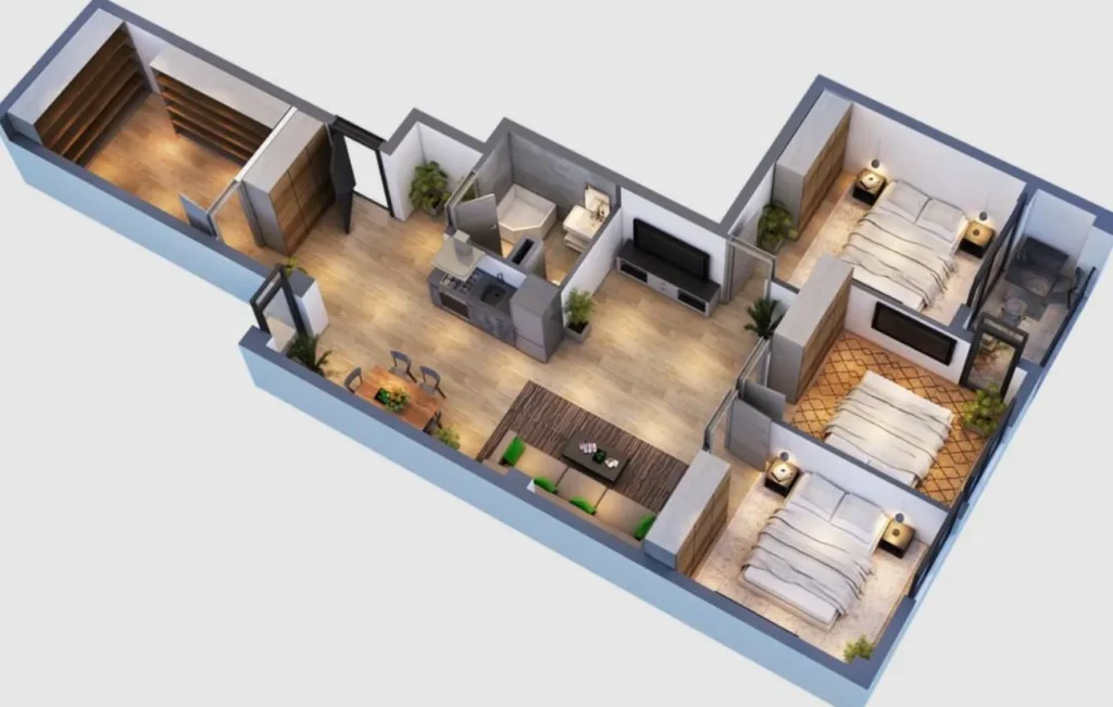 Ayrı yatak odaları bulunan 87,8 m²'lik üç odalı daire,