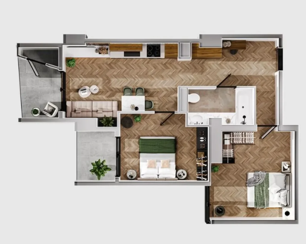 A comfortable two-room flat measuring 67.23 m² in