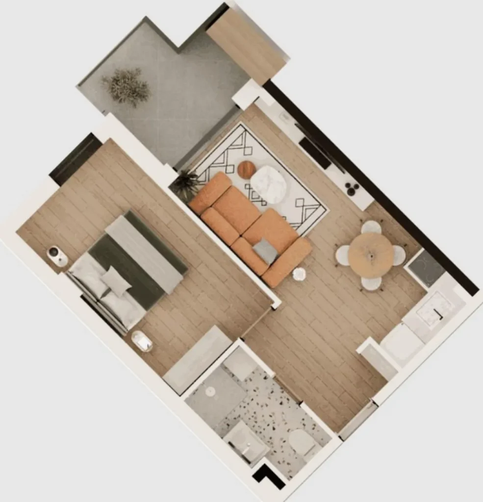 Lisi Gölü kıyısında, 41,5 m²'lik konforlu tek odalı daire,