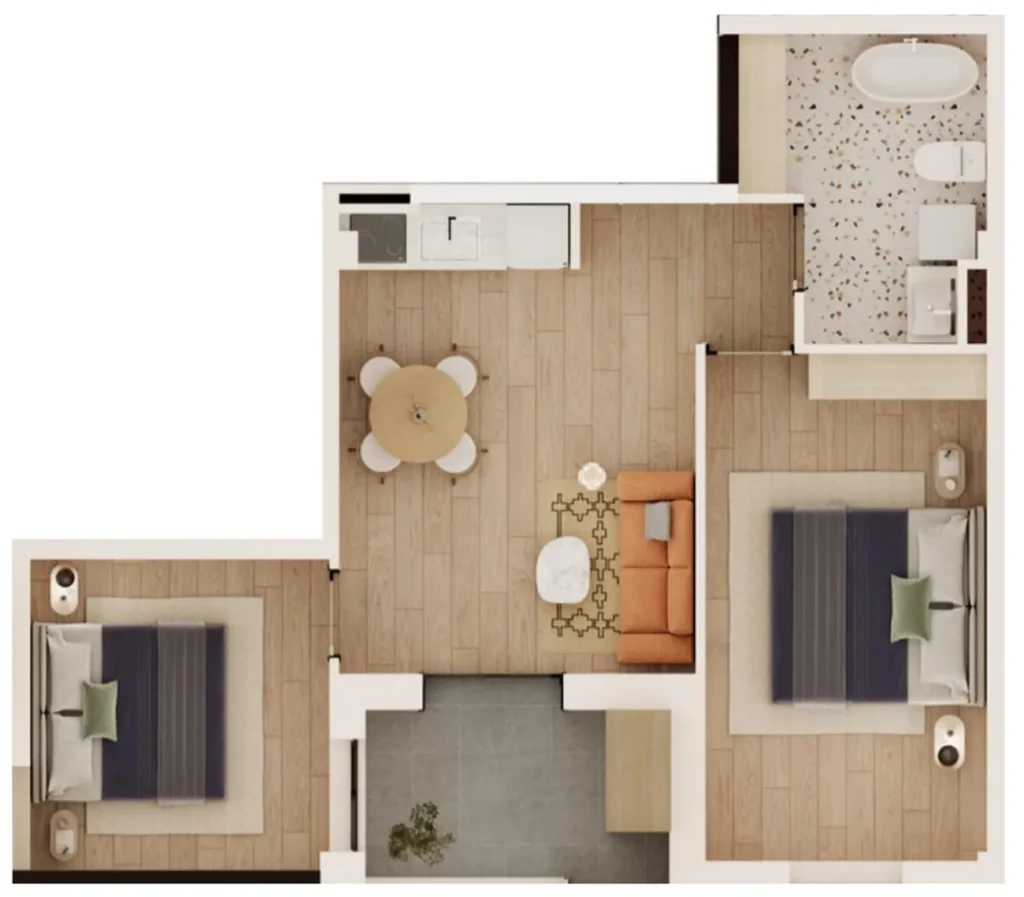 Göl kenarında 61,6 m²'lik ferah iki odalı daire,