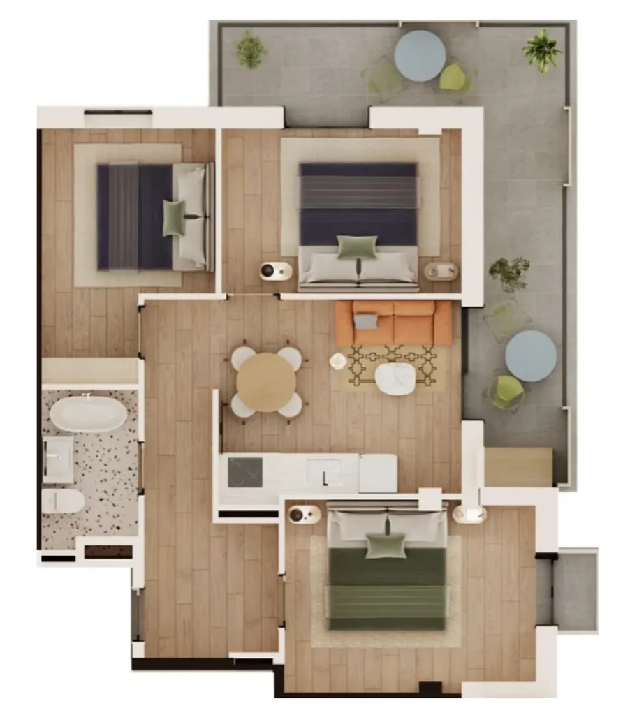 Göl manzaralı 91,1 m²'lik üç odalı daire,